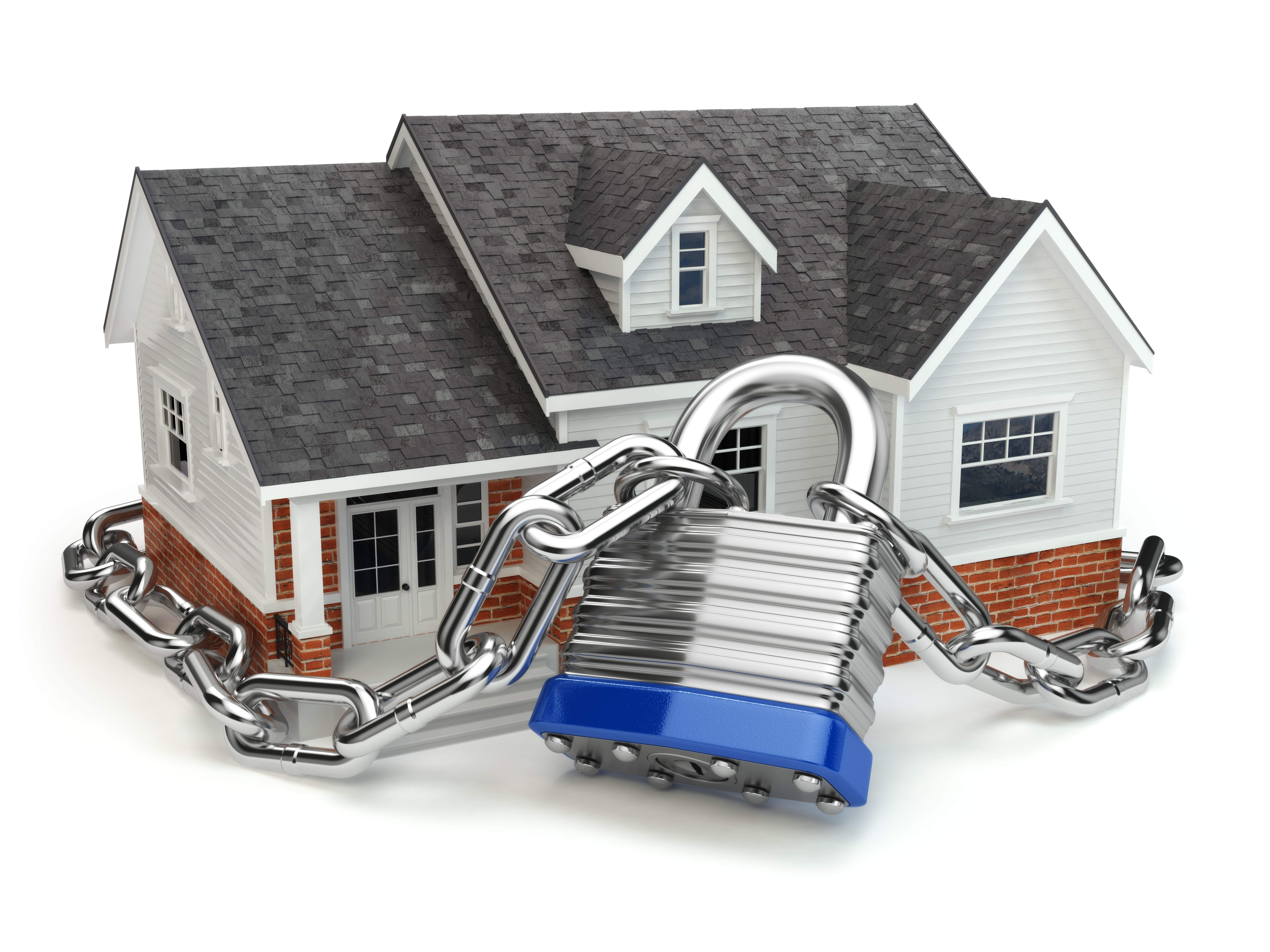 Home Security Concept. House With Lock And Chain. 3d